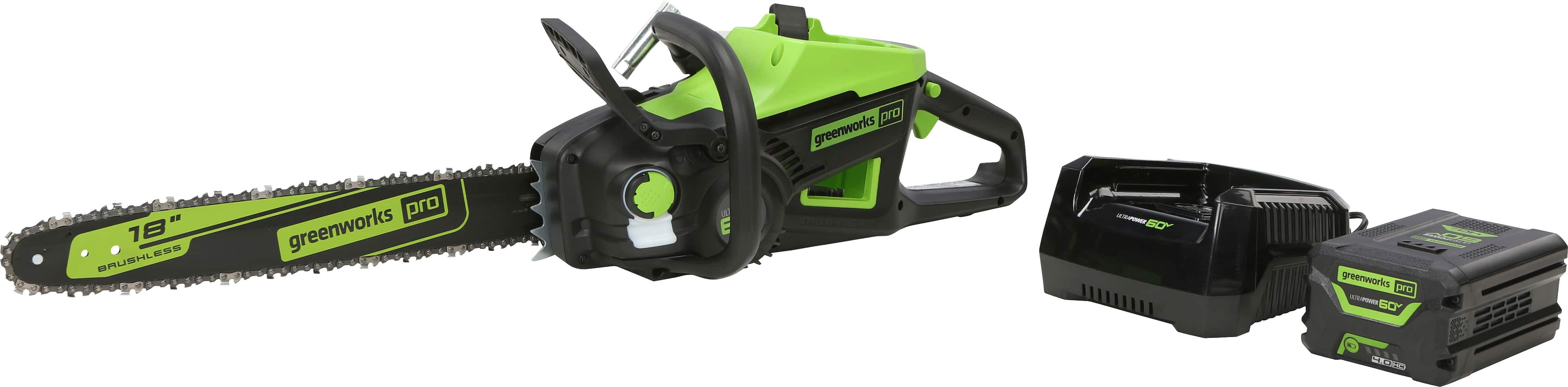 Angle View: Greenworks - PRO 18 in. 60-Volt Battery Cordless Chainsaw with 4.0 Ah Battery and 6.0 Amp Charger - Green