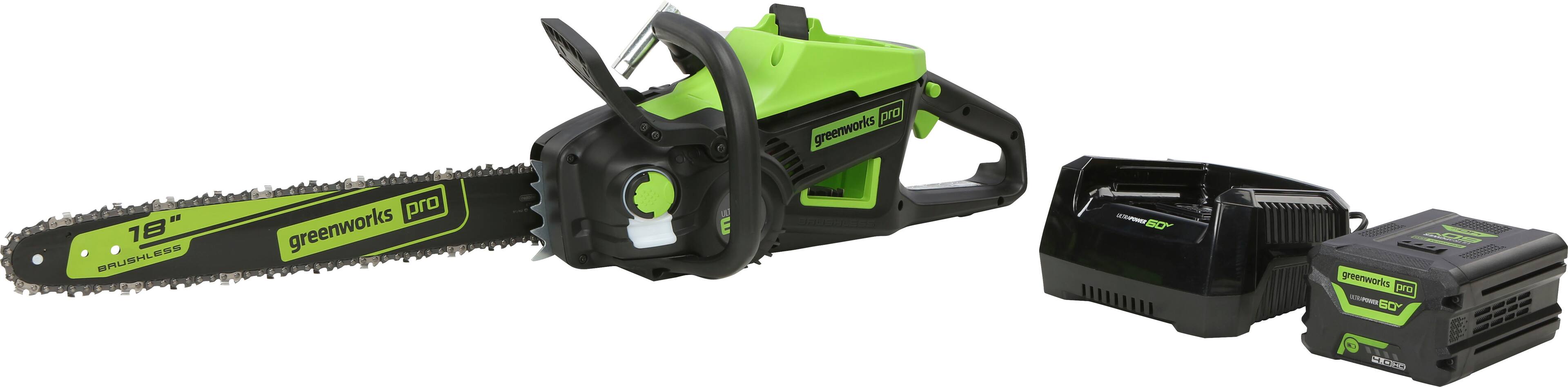 Angle. Greenworks - PRO 18 in. 60-Volt Battery Cordless Chainsaw with 4.0 Ah Battery and 6.0 Amp Charger - Green.
