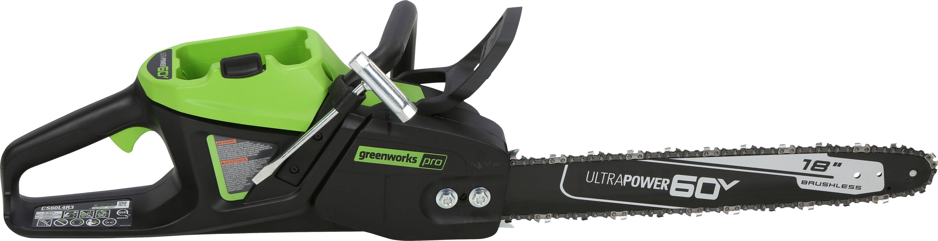 Left. Greenworks - PRO 18 in. 60-Volt Battery Cordless Chainsaw with 4.0 Ah Battery and 6.0 Amp Charger - Green.