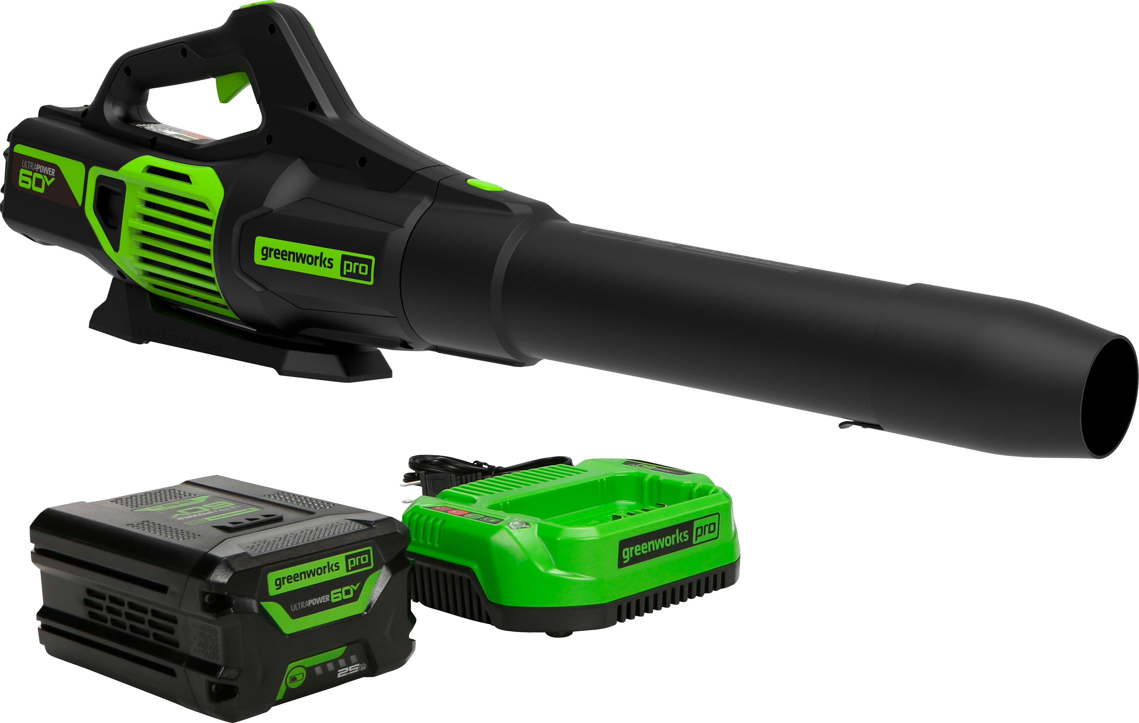 Angle. Greenworks - 60V 2.5Ah 610 CFM Blower inludes battery and charger - Green.