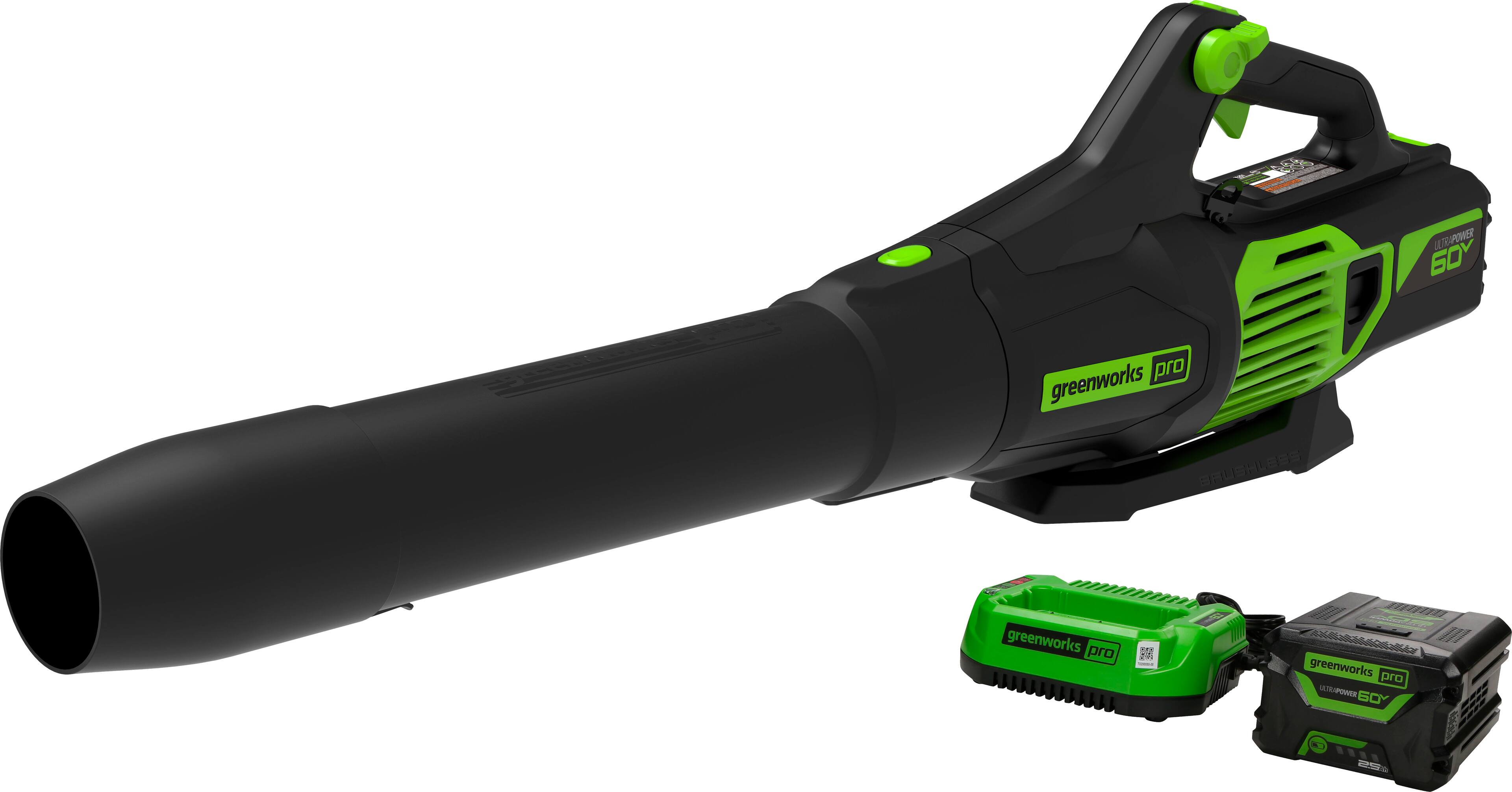 Front. Greenworks - 60V 2.5Ah 610 CFM Blower inludes battery and charger - Green.