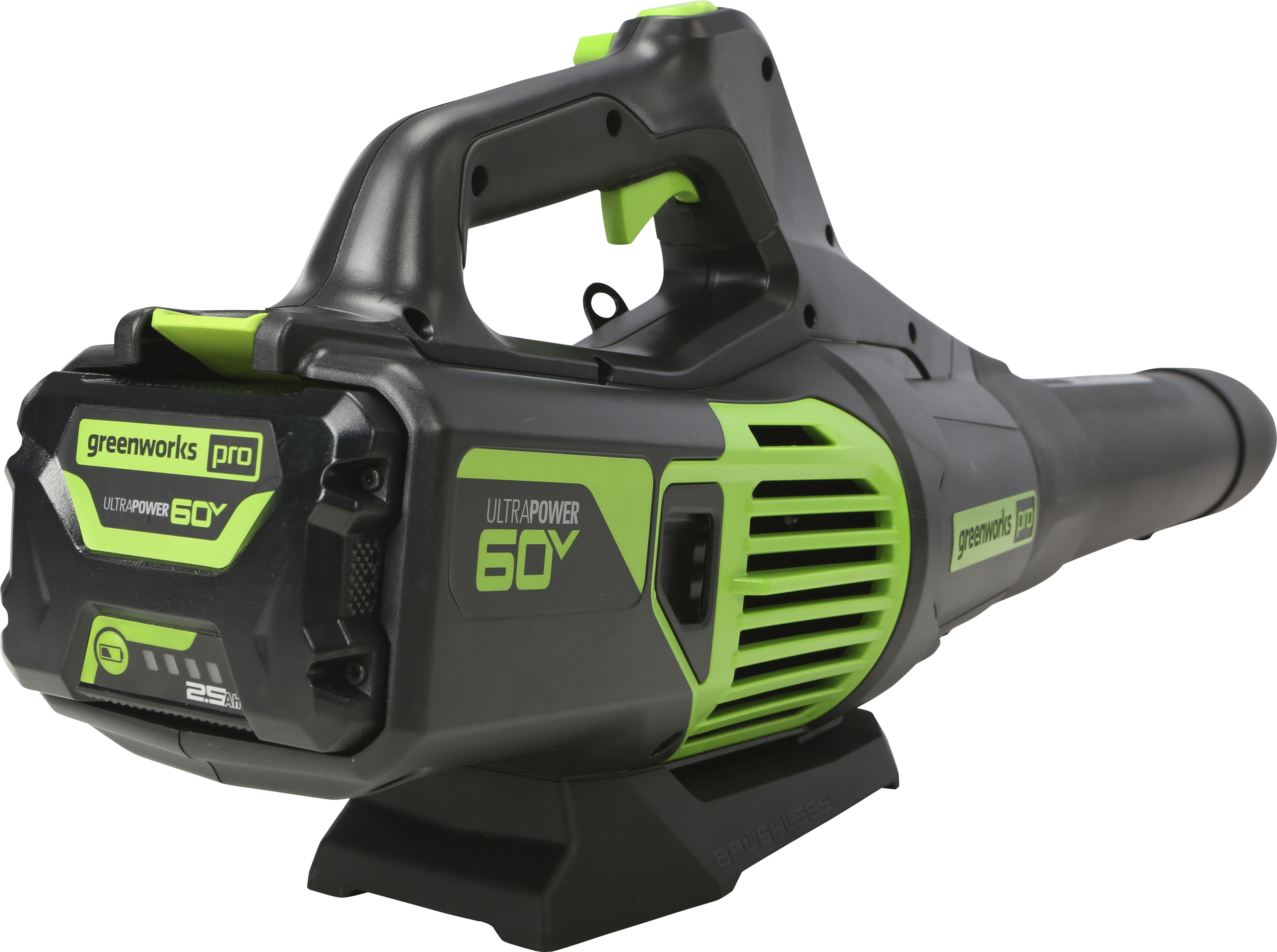 Left View: Greenworks - 60V 2.5Ah 610 CFM Blower inludes battery and charger - Green