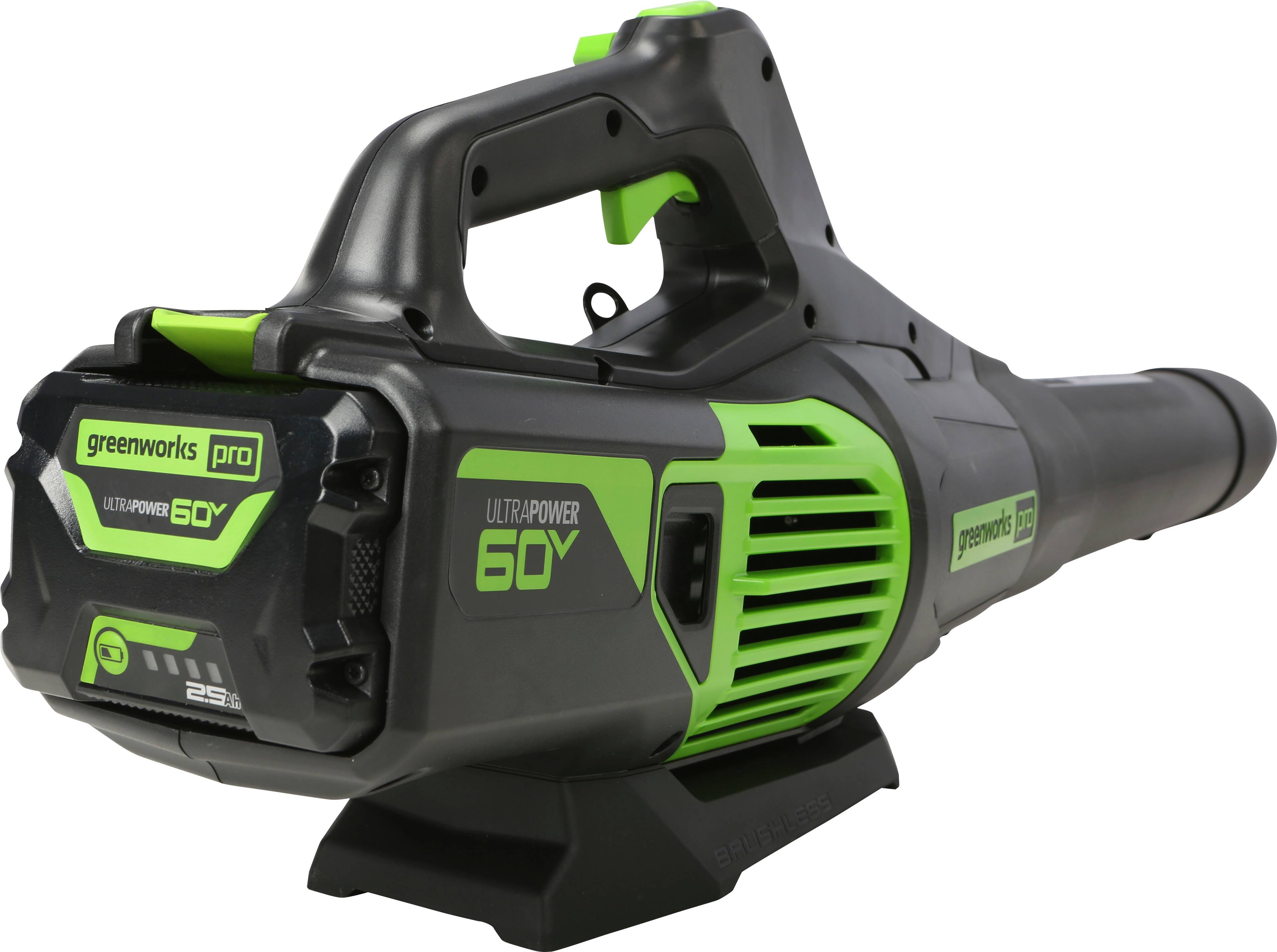 Left. Greenworks - 60V 2.5Ah 610 CFM Blower inludes battery and charger - Green.