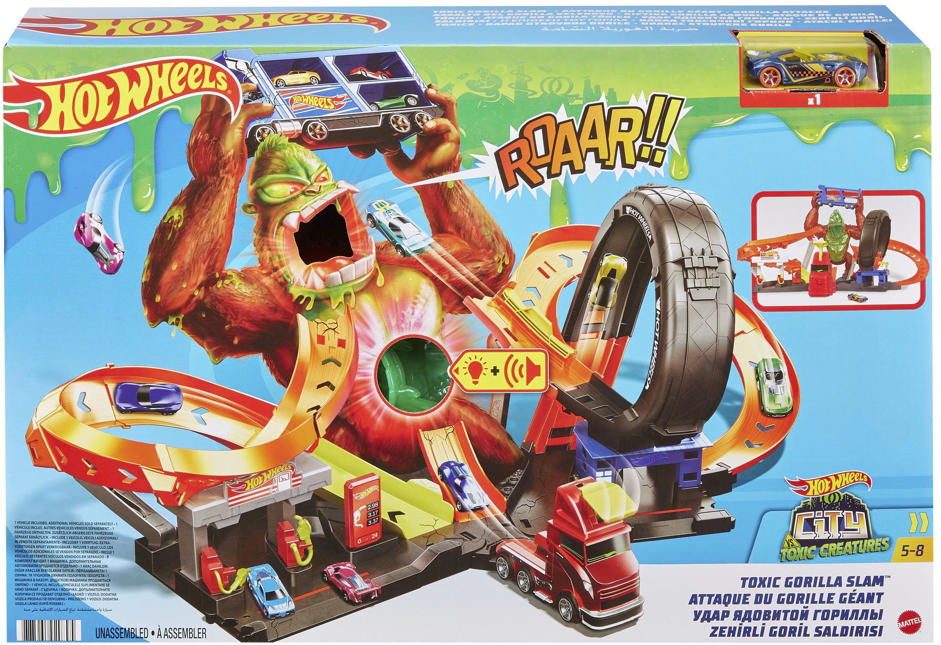 Gift for Kids 5 Years Old & Up Connects to Other Track Sets Hot Wheels Toxic Gorilla Slam Gas Station & Tire Repair Shop Playset with Adjustable Launcher Lights & Sounds & 1 1:64 Scale Car 