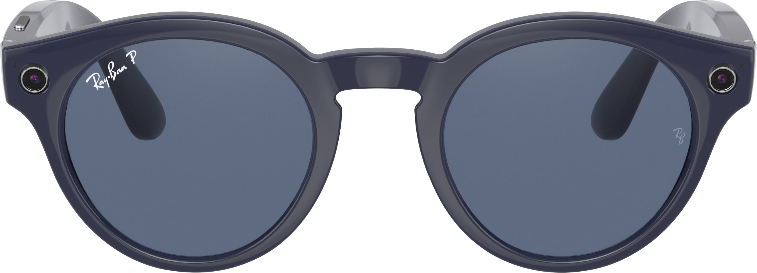 Zoom in on Angle Zoom. Ray-Ban - Stories Round Smart Glasses - Shiny Blue/Dark Blue Polarized.