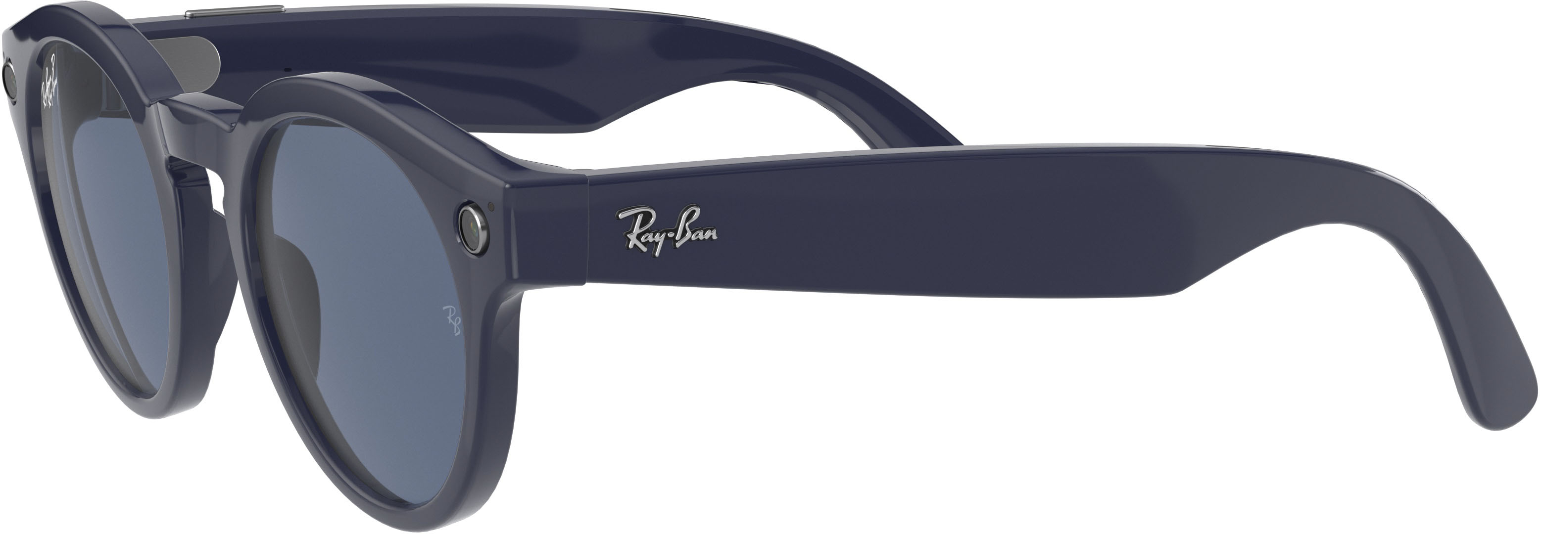 Left View: Ray-Ban - Stories Round Smart Glasses - Shiny Blue/Dark Blue Polarized