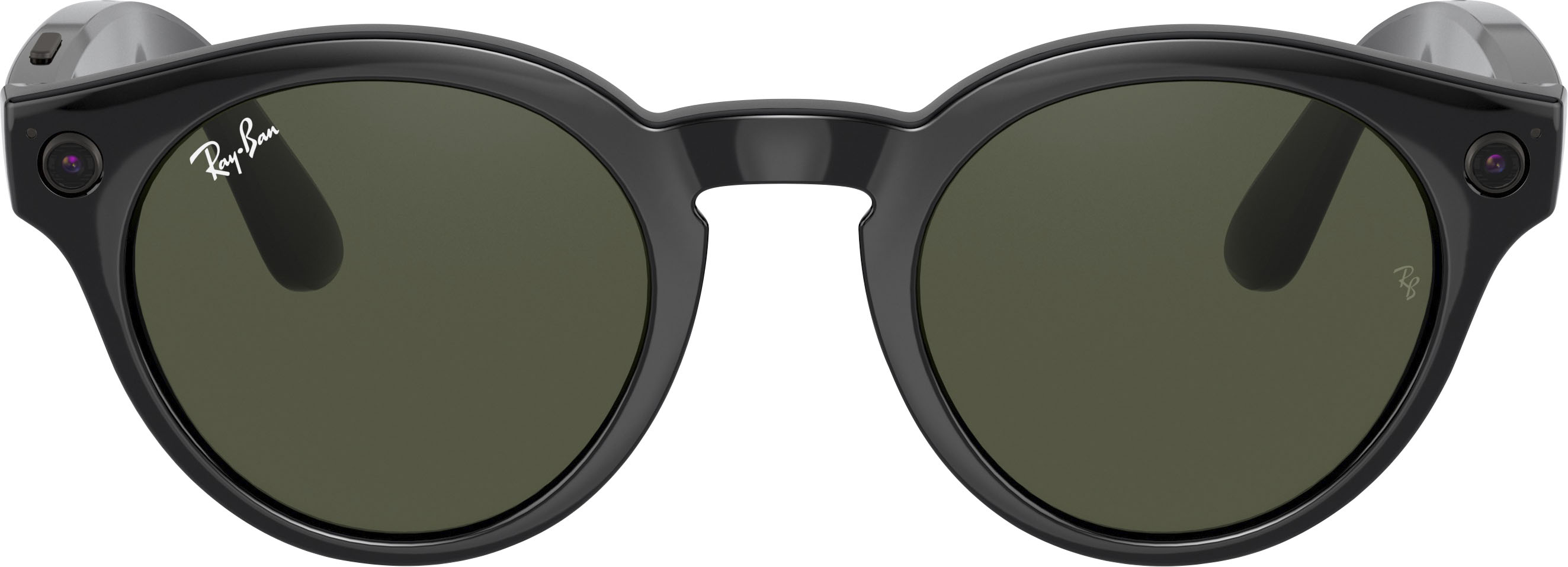 Zoom In On Angle Zoom. Ray-Ban - Stories Round Smart Glasses - Shiny Black/Green.
