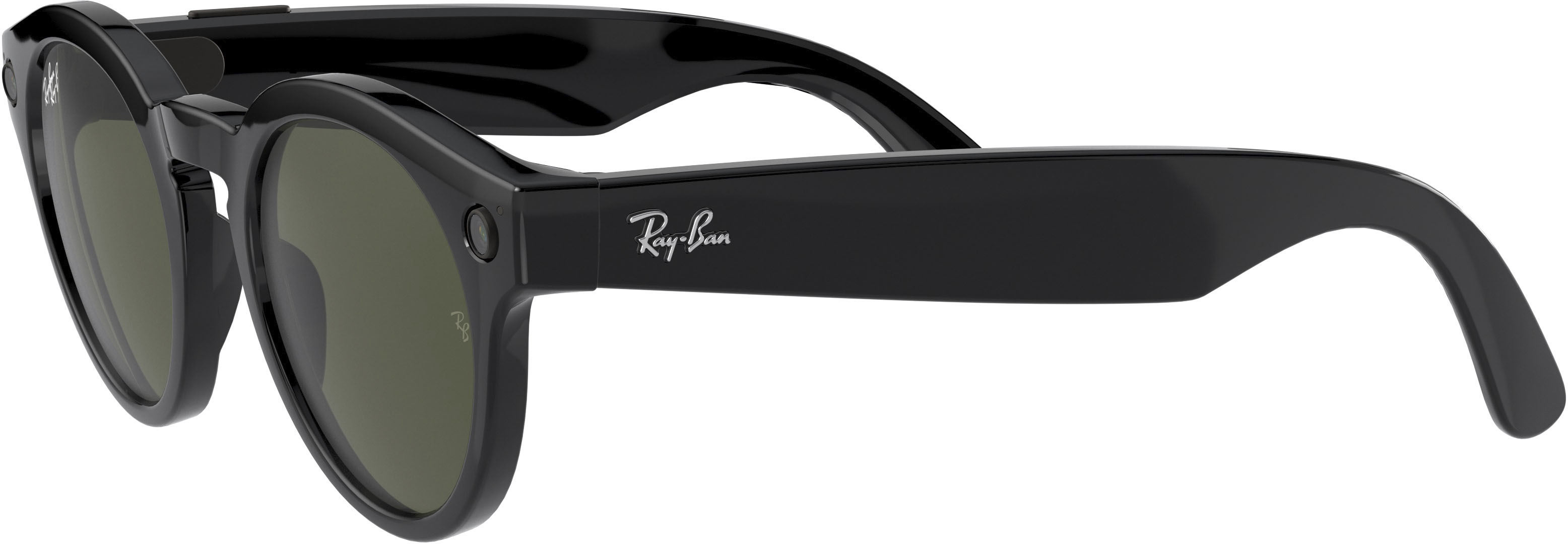 Left View: Ray-Ban - Stories Round Smart Glasses - Shiny Black/Green