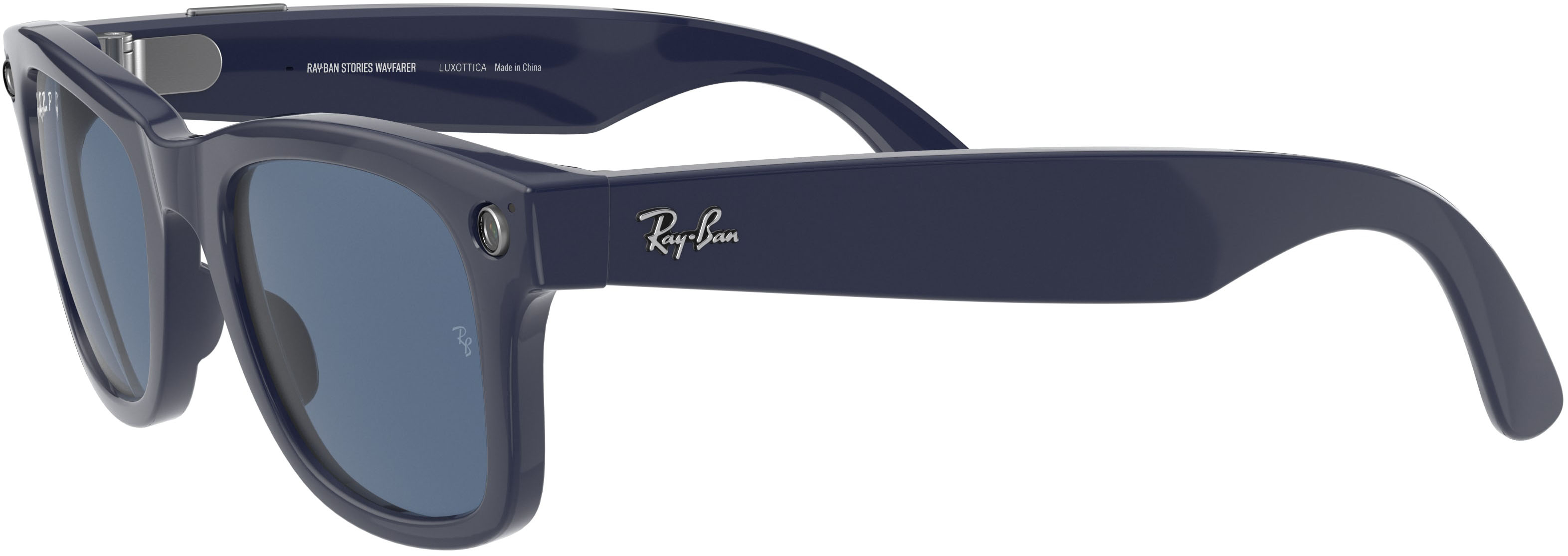 Left View: Ray-Ban - Stories Wayfarer Smart Glasses 50mm - Shiny Blue/Dark Blue Polarized