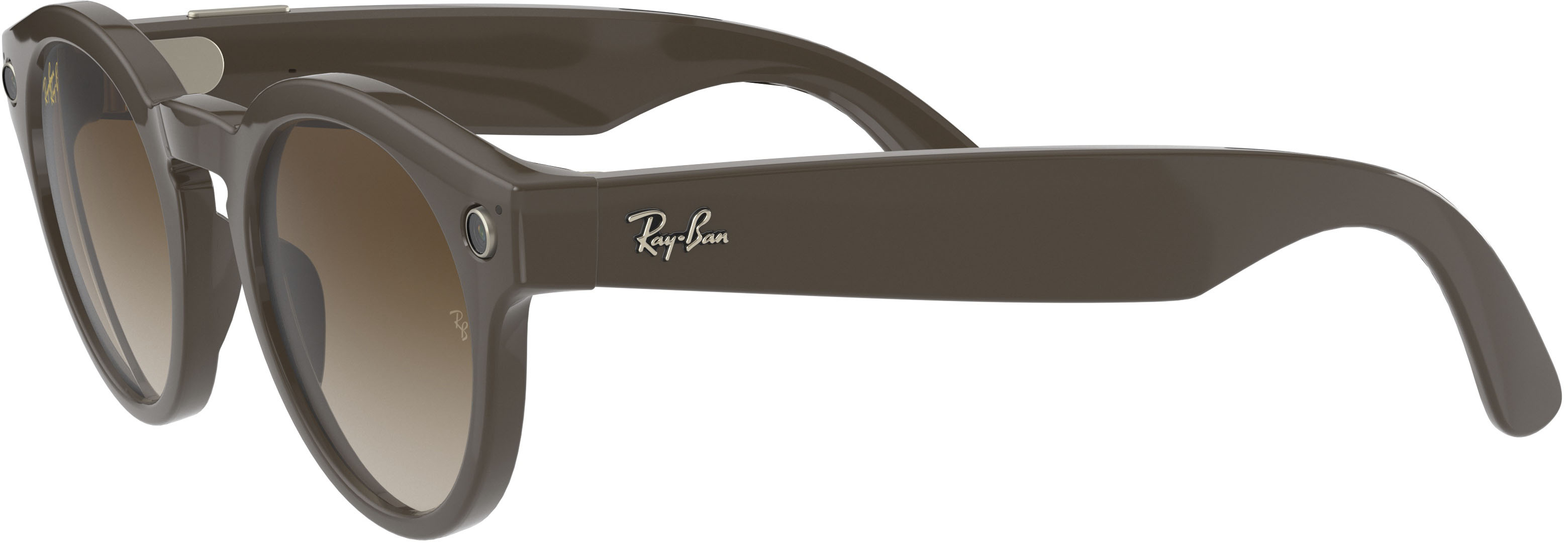 Left View: Ray-Ban - Stories Round Smart Glasses - Shiny Brown/Brown Gradient