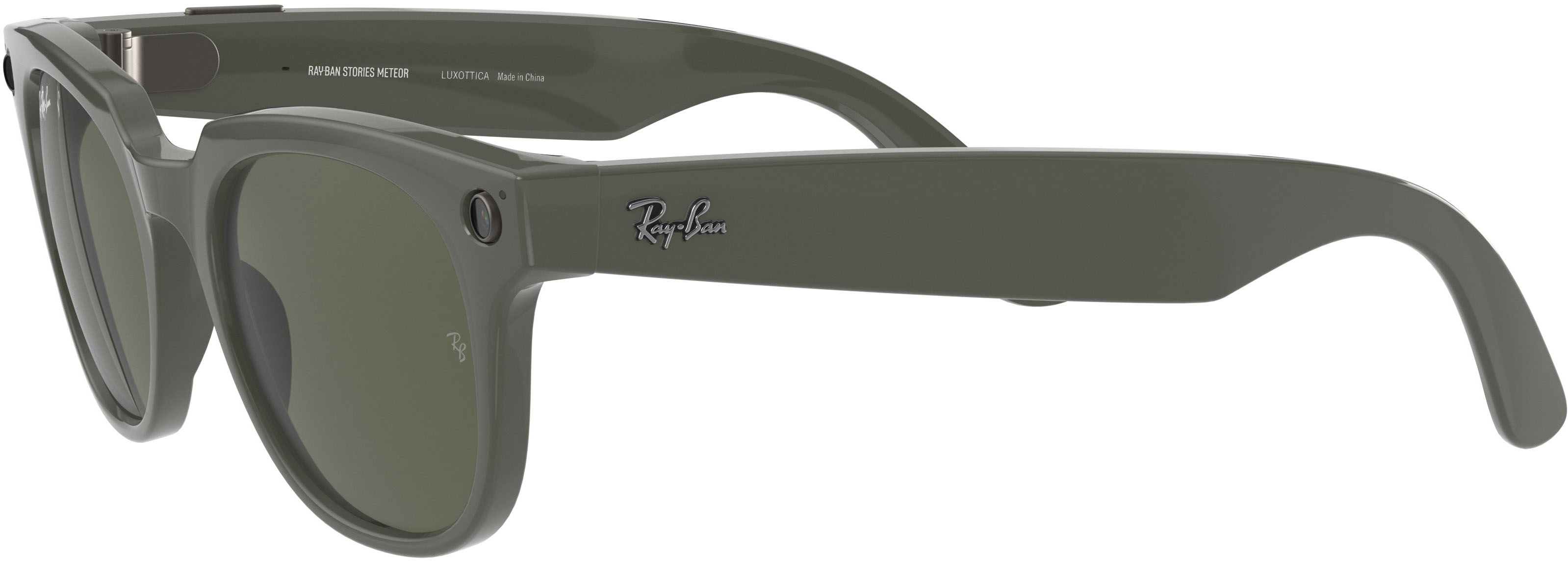 Left View: Ray-Ban - Stories Meteor Smart Glasses - Shiny Olive/Transitions G-15  Green