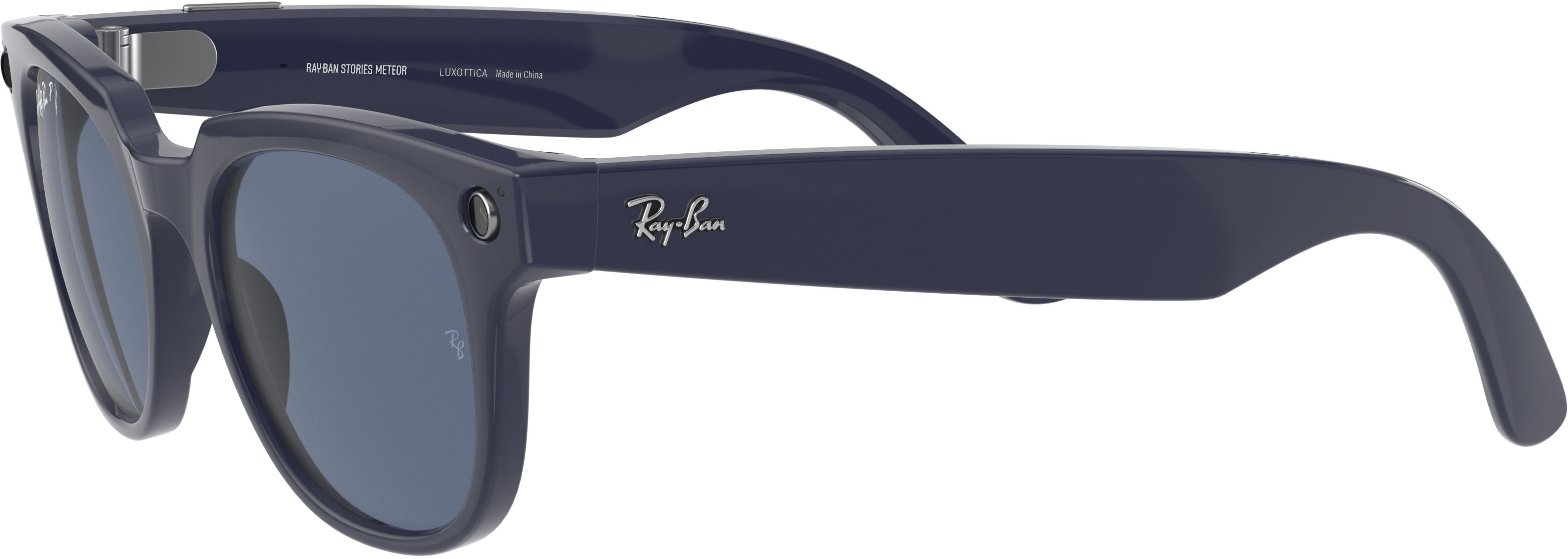 Left View: Ray-Ban - Stories Meteor Smart Glasses - Shiny Blue/Dark Blue Polarized