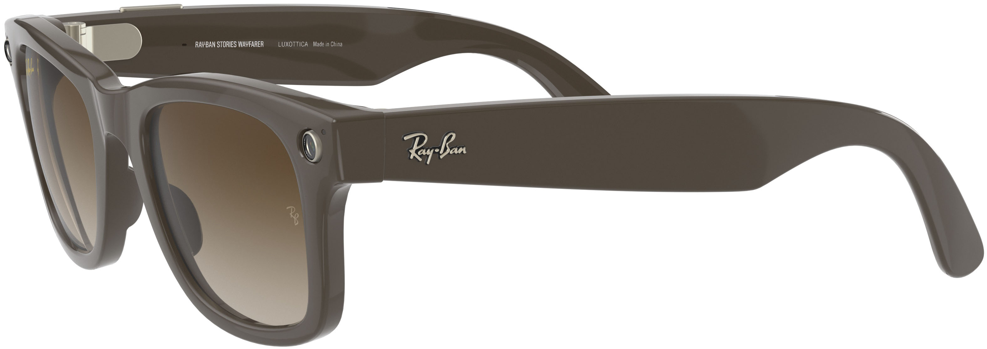 Left View: Ray-Ban - Stories Wayfarer Smart Glasses 50mm - Shiny Brown/Brown Gradient
