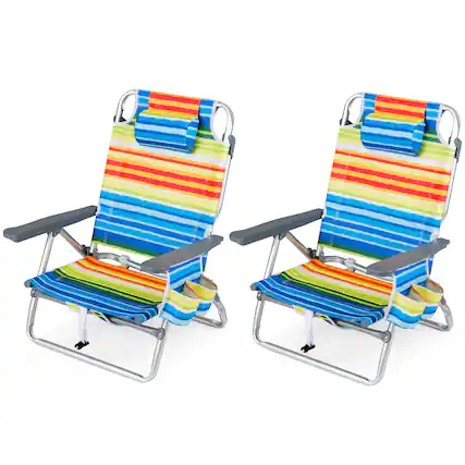 Front. Costway - Costway 2PCS Beach Chairs with 5-Position Backrest & Padded Headrest, Cup Holder & Ice Bag - Rainbow Strip.