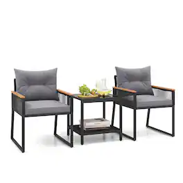Gymax - 3 PCS Patio Furniture Set PE Rattan Wicker Chairs w/ 2 Tier Coffee Table Soft Back - Gray