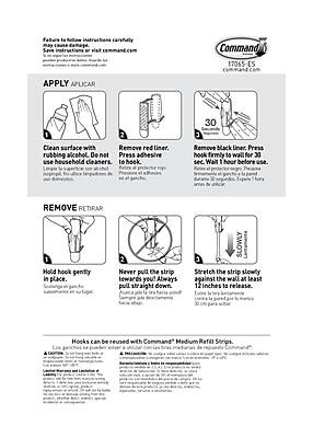 **Command 17065-ES**

**APPLY APPLICAR**

1. Clean surface with rubbing alcohol. Do not use household cleaners.
   - Limpie la superficie con alcohol de limpieza. No use limpiadores de casa.

2. Remove red liner. Press adhesive to hook.
   - Retire la protectora roja. Presione el adhesivo contra el gancho.

3. Remove black liner. Press hook firmly to wall for 30 sec. Wait 1 hour before use.
   - Retire la protectora negra. Presione el gancho contra la pared durante 30 seg. Espere 1 hora antes de usar.

**REMOVE RETIRAR**

1. Hold hook gently in place.
   - Sostenga el gancho suavemente en su lugar.

2. Never pull the strip towards you! Always pull straight down.
   - ¡No tire de la tira hacia usted! Siempre tire hacia abajo.

3. Stretch the strip slowly against the wall at least 12 inches to release.
   - Estire la tira lentamente contra la pared al menos 12 pulgadas para liberarla.

**Hooks can be reused with Command