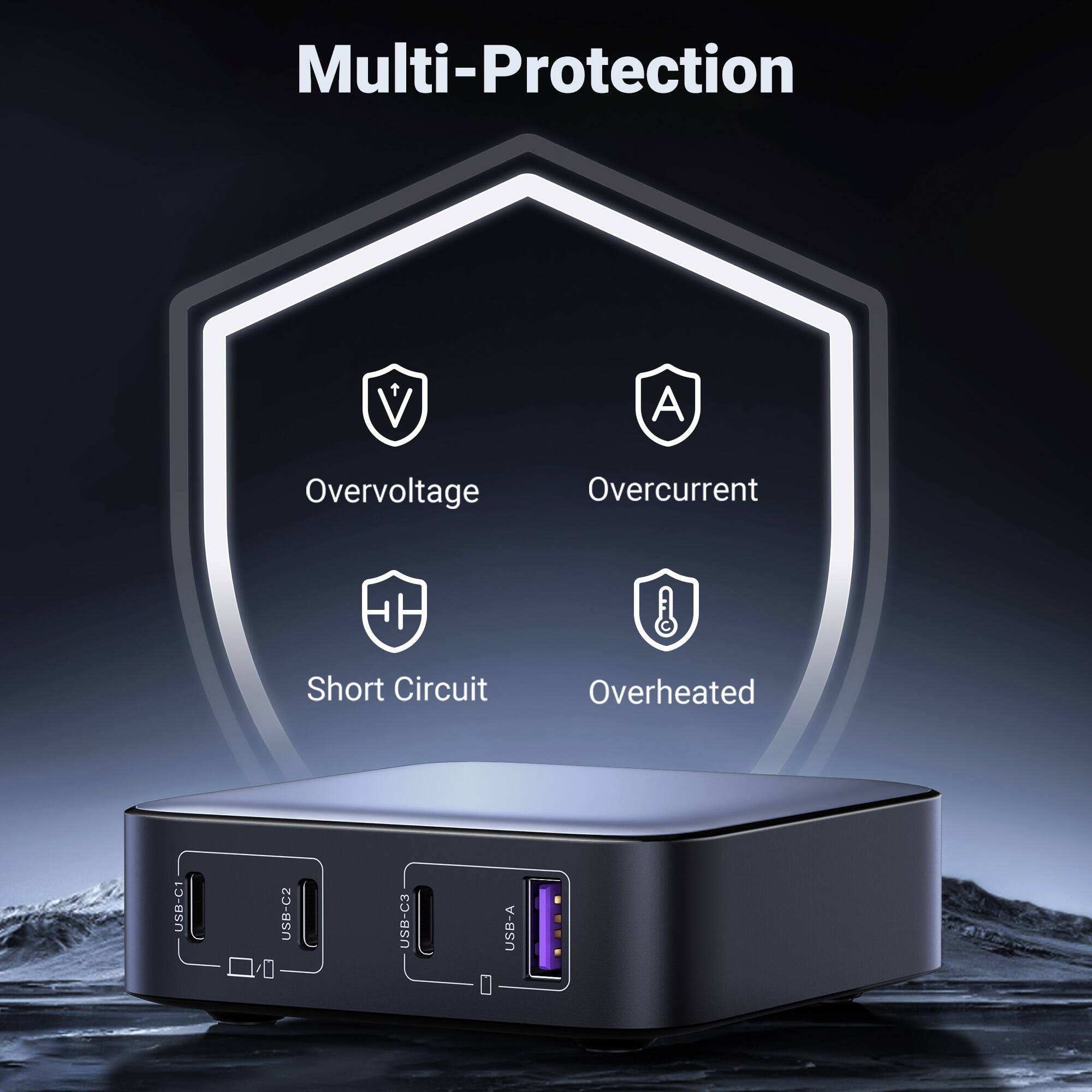 Multi-Protection, Overvoltage, Overcurrent, Short Circuit, Overheated, USB-C1, USB-C2, USB-C3, USB-A