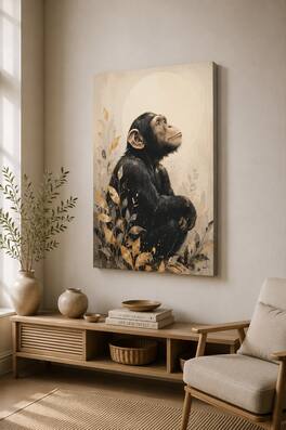 FC Design - Large Thoughtful Chimpanzee Nature Canvas Print 24x36"-Ready-to-Hang Wildlife Meditation Art Painting Home Wall Décor - MultiColor