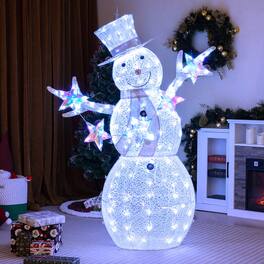 Gymax - 5 FT Lighted Snowman w/Hat Scarf & Stars Zip Ties & Ground Stakes 140 LED Lights - Cold White