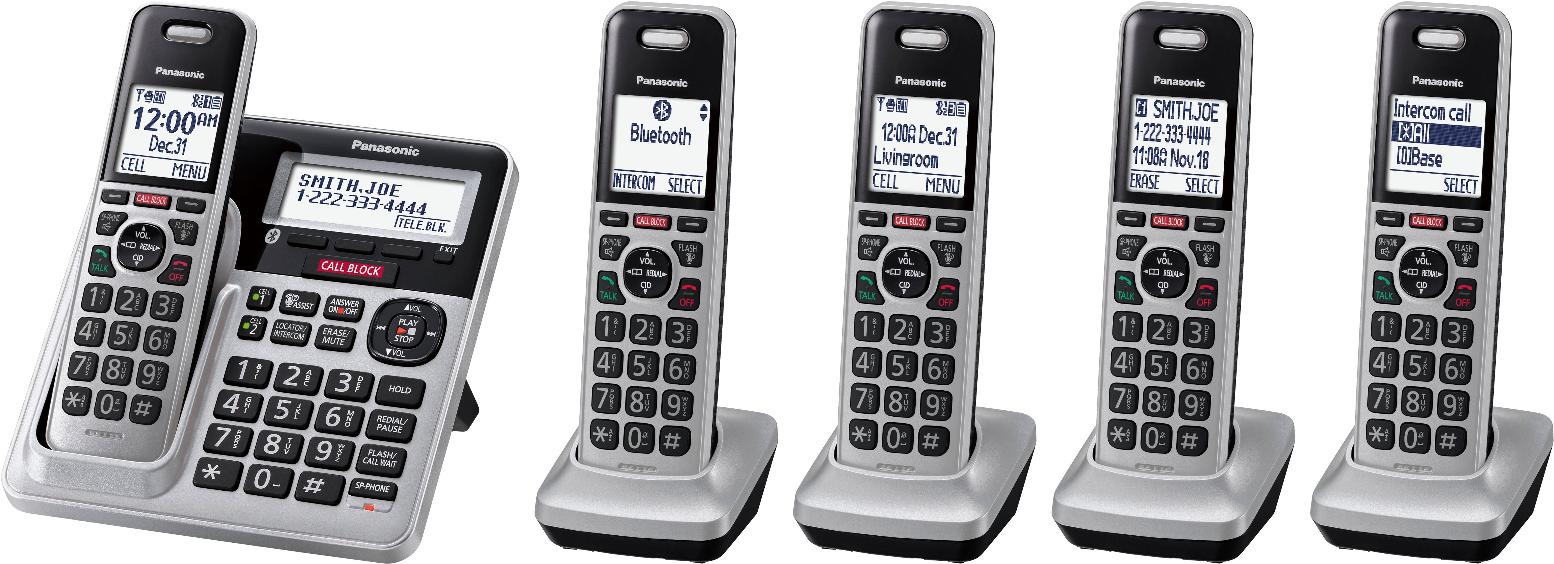 DECT 6.0 Technology Link2Cell Bluetooth Enabled Cordless Phone with Answering System Panasonic KX-TG885SK Talking Caller ID 5 Handset Renewed 
