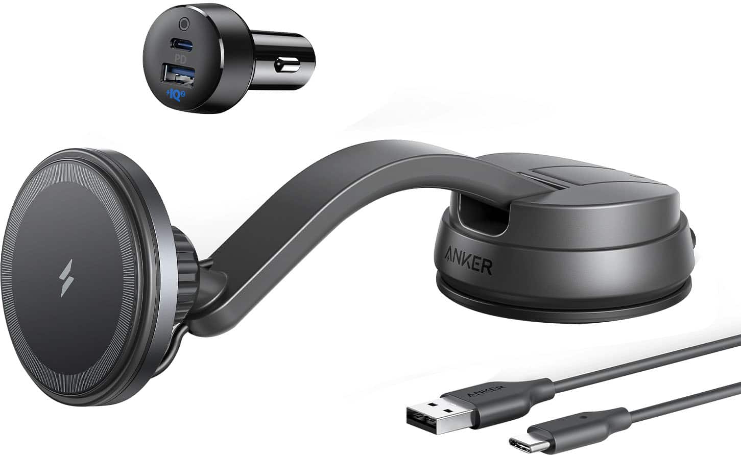 Front. Anker - MagGo 35W Wireless MagSafe Car Charger and Mount for iPhone 12 and 13 - Black.