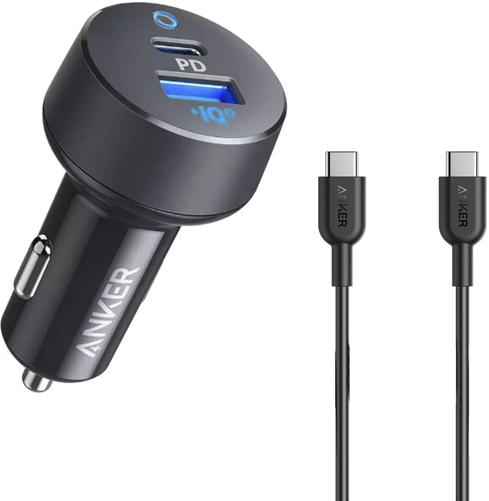 Anker PowerDrive+ 6ft USB-C Cable Dual USB Car Charger Black