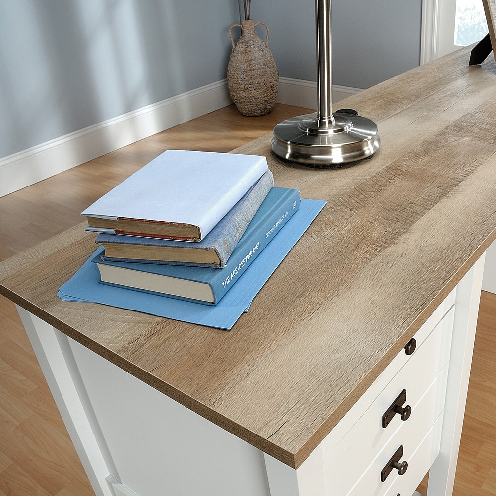 Left View: Sauder - Cottage Road L with Oak Finish Top Desk - Soft White