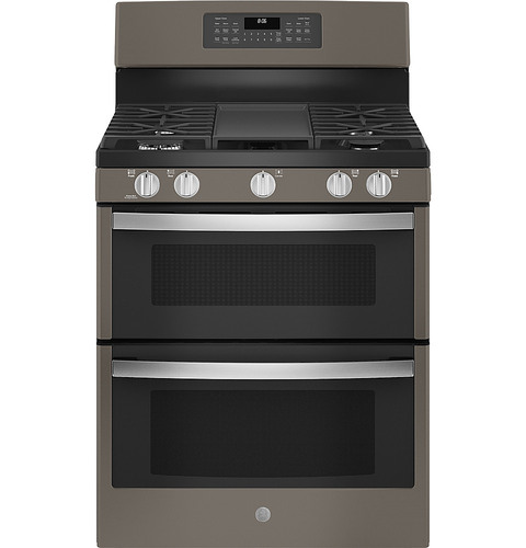 GE - 6.8 Cu. Ft. Freestanding Double Oven Gas Convection Range with Steam Clean and No Preheat Air Fry - Fingerprint Resistant Slate