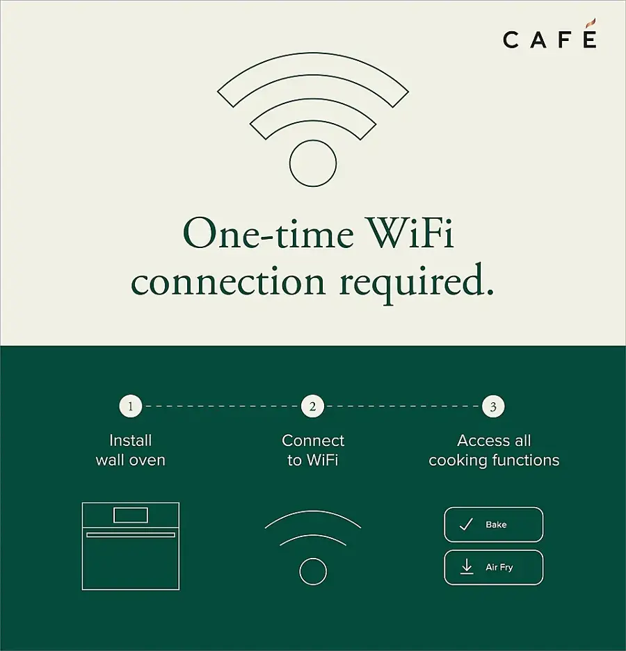 The image features a green background with a white WiFi symbol in the center. The text "One-time WiFi connection required" is displayed prominently, indicating that a WiFi connection is needed for the device. Below the WiFi symbol, there are three steps to follow for connecting to the WiFi. The steps include installing the wall oven, connecting to the WiFi, and accessing all cooking functions. Additionally, there are two buttons at the bottom of the image, one for baking and one for air frying.