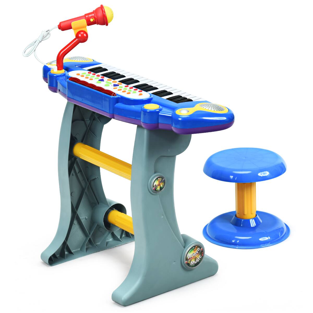 The image features a blue and yellow toy piano with a keyboard, a stool, and a microphone. The toy piano is designed for children to play and enjoy music. The stool is placed next to the piano, and the microphone is positioned nearby, allowing children to sing or perform in front of the piano. The toy piano and its accompanying accessories create a fun and engaging musical environment for children to explore and learn.
