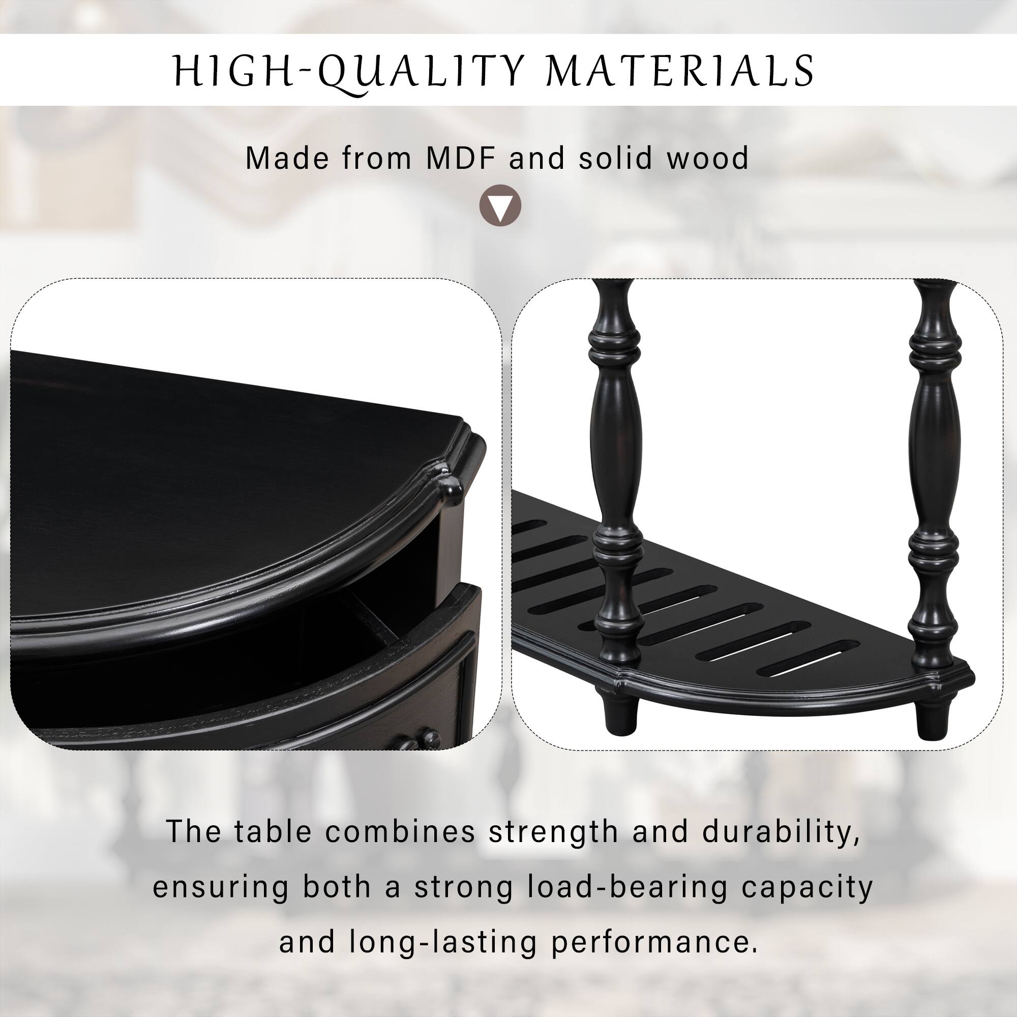 HIGH-QUALITY MATERIALS  
Made from MDF and solid wood  

The table combines strength and durability, ensuring both a strong load-bearing capacity and long-lasting performance.