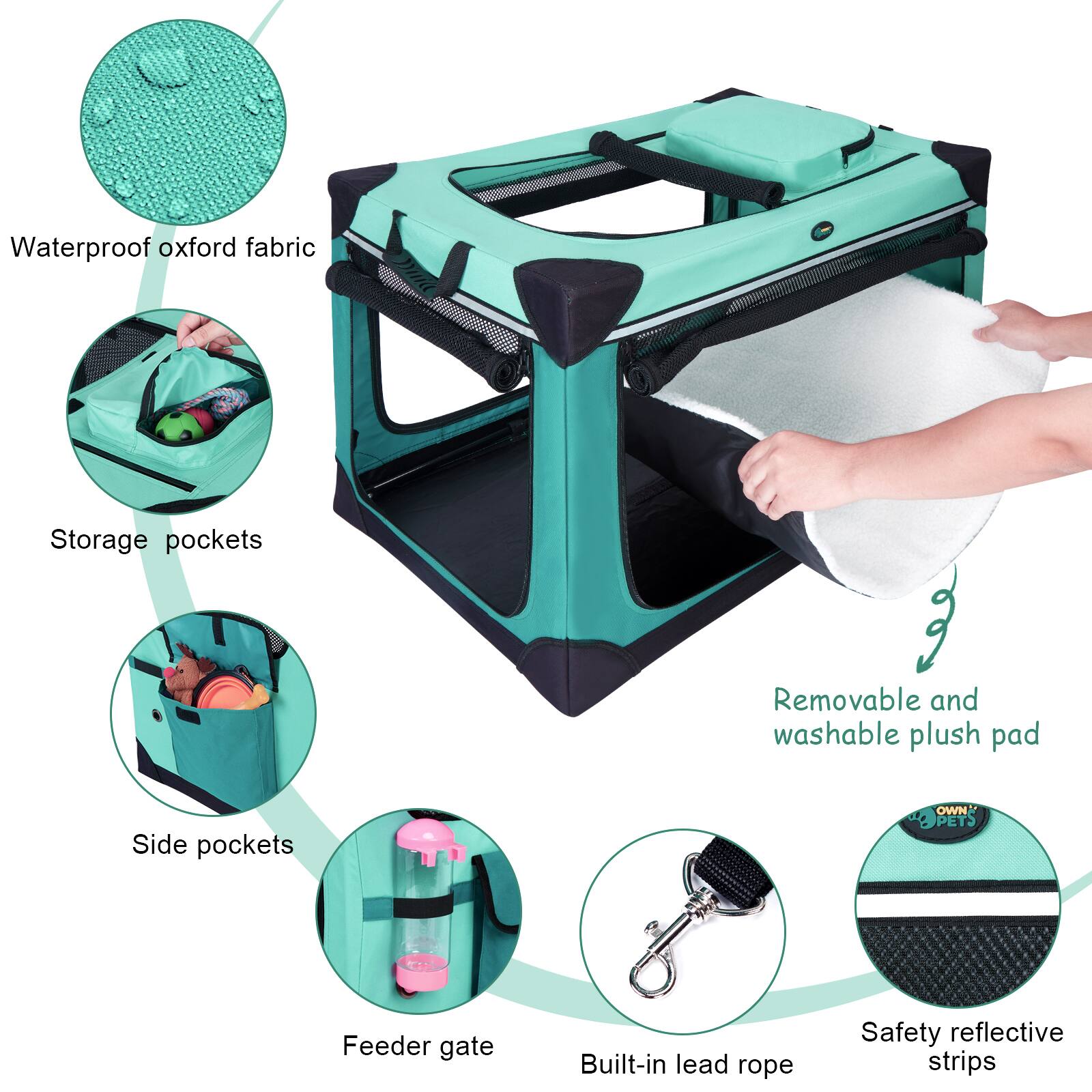 Waterproof oxford fabric, storage pockets, removable and washable plush pad, side pockets, feeder gate, built-in lead rope, safety reflective strips.