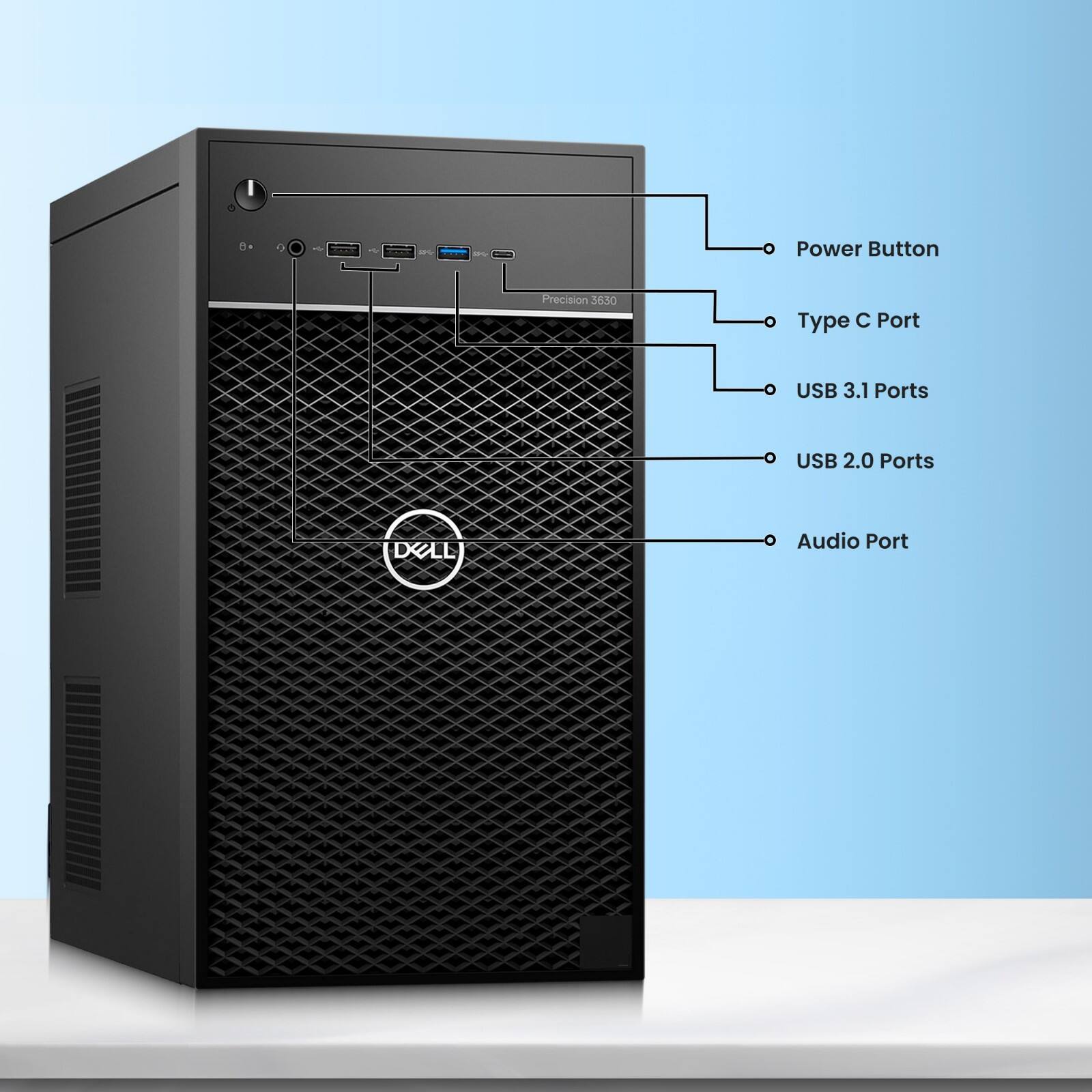 I B - Power Button Precision 3650 Type C Port USB 3.1 Ports USB 2.0 Ports DOLL Audio Port