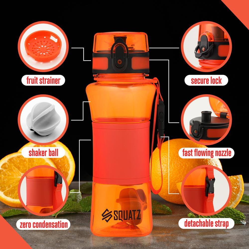 - Fruit strainer
- Secure lock
- Shaker ball
- Fast flowing nozzle
- Zero condensation
- Detachable strap