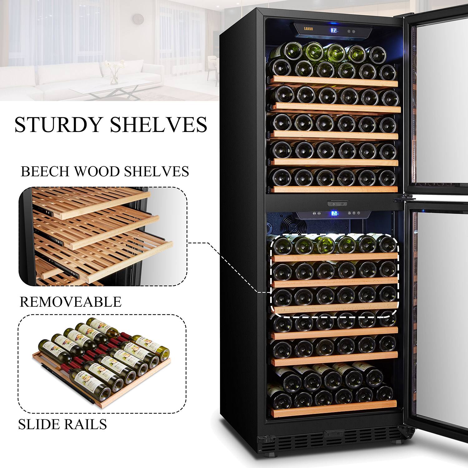Alt View 19. Lanbo - Freestanding/Built-In 24 Inch 130 Bottle Dual Zone Wine Fridge with Smooth Rolling Shelves and 2 Independent Zones - Black.