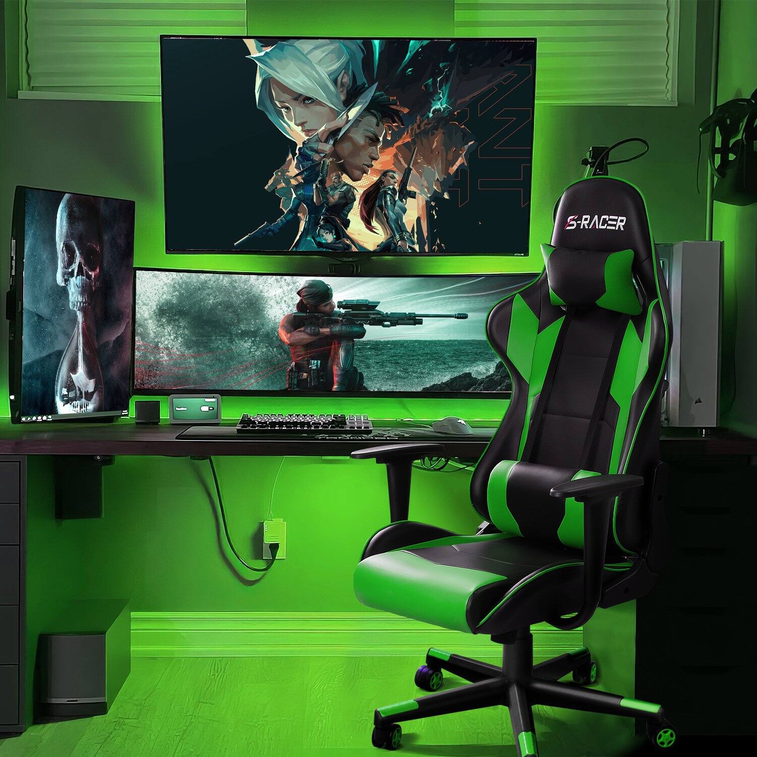 Left. Homall - Gaming Chair Office Chair Ergonomic Adjustable High Back Computer Chair Desk Chair with Headrest & Lumbar Support - GREEN.