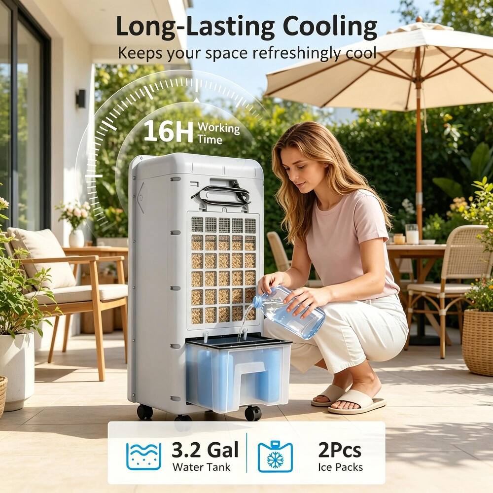Long-Lasting Cooling Keeps your space refreshingly cool  
16H Working Time  
3.2 Gal Water Tank  
2Pcs Ice Packs