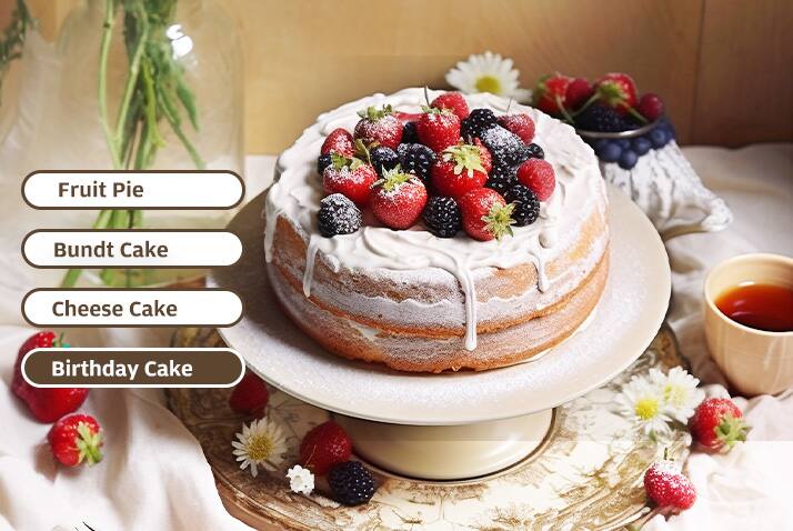 Fruit Pie  
Bundt Cake  
Cheese Cake  
Birthday Cake