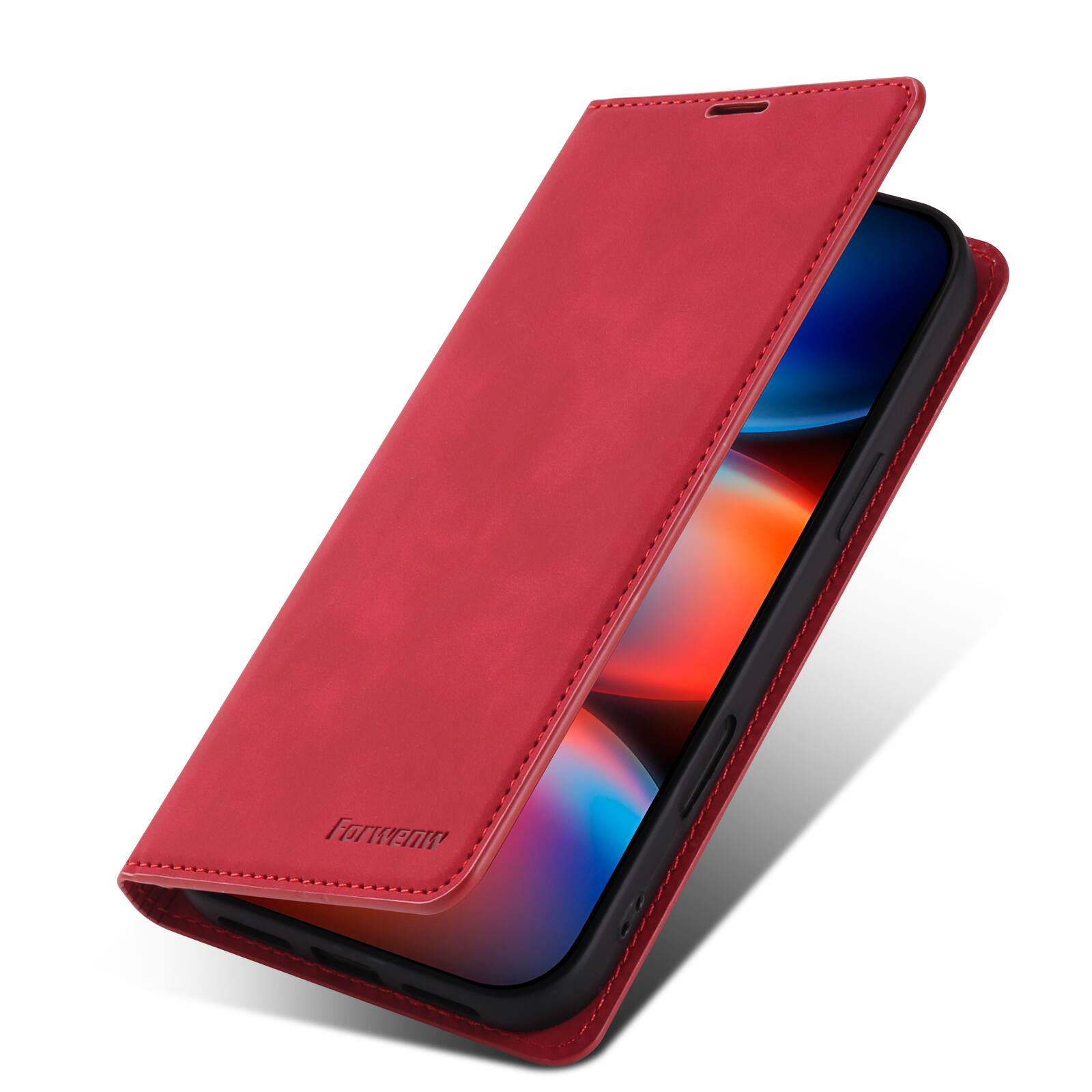 Left. Dteck - Magnetic Case For iPhone 18 Pro Max, Shockproof Wallet Card Pocket Viewing Kickstand Protective Folio PU Leather Cover - Red.