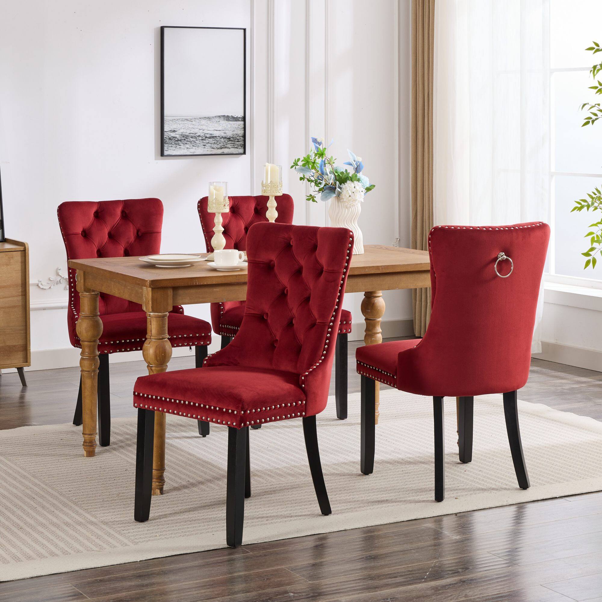 Alt View 1. Z-Edge - Velvet Dining Chairs Set of 2, Upholstered High-end Tufted Dining Room Chair with Nailhead Back Ring Pull Trim Wood Legs - Wine Red.