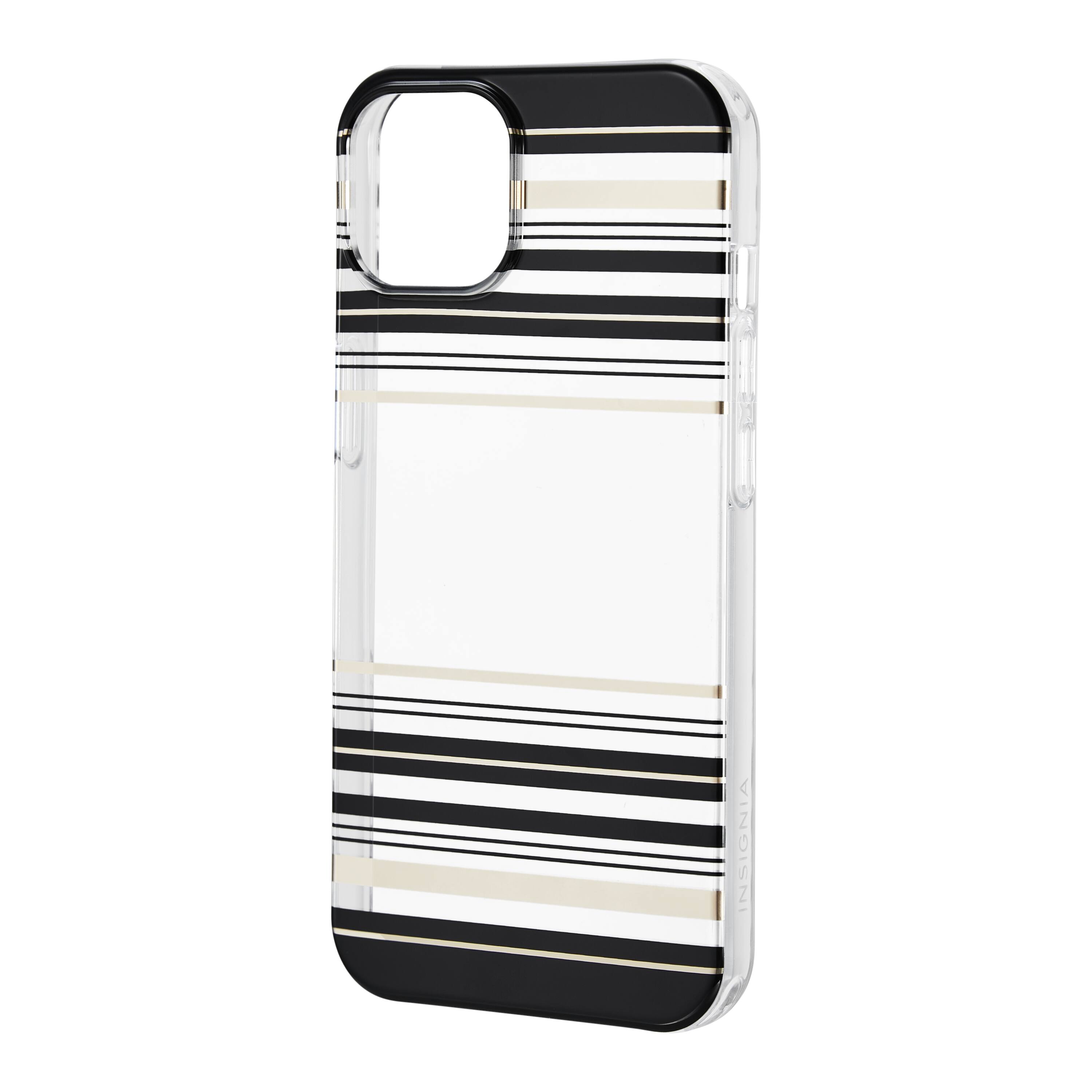 Left. Insignia™ - Hard-Shell Case for iPhone 14 and iPhone 13 - Black and Gold Stripe.