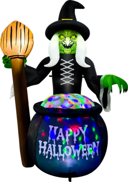 GOOSH Inflatables - GOOSH 6.5FT Inflatable Witch with Cauldron – Light-Up Happy Halloween Yard Decoration - Black