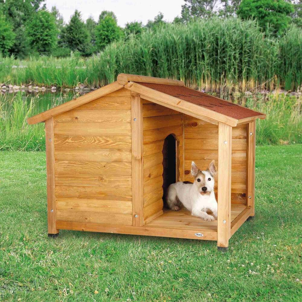 Angle. TRIXIE - Natura Lodge Elevated Weatherproof Wooden Outdoor Dog House - Brown.