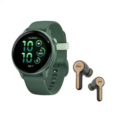 The image features a green Garmin watch and a pair of earbuds. The watch displays the time as 10:00 and has a green band. The earbuds are placed next to the watch, and they are also green. The watch is designed for use with the earbuds, likely for listening to music or making phone calls while exercising or engaging in other activities.
