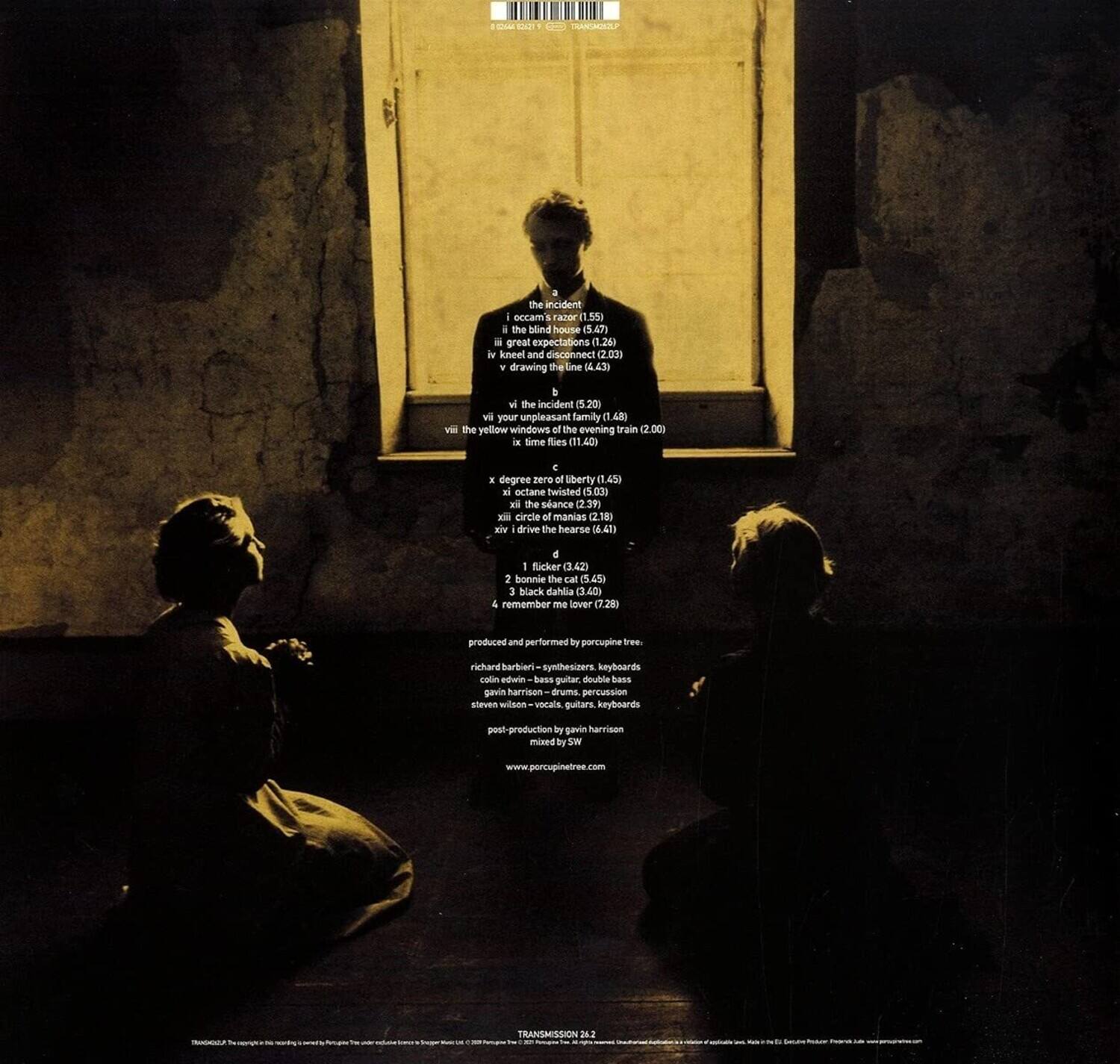 Sure, here is the corrected and grouped text:

---

**Tracklist:**

1. The Incident (5:59)  
2. The Blind House (5:47)  
3. Great Expectations (1:25)  
4. I Kneel and Disconnect (2:03)  
5. Drawing the Line (4:43)  
6. The Incident (5:20)  
7. Your Unpleasant Family (0:48)  
8. The Yellow Windows of the Evening Rain (2:00)  
9. Time Fles (11:40)  
10. Degree Zero of Liberty (1:45)  
11. Octane Twisted (5:03)  
12. The Sance (2:39)  
13. Circle of Manias (2:18)  
14. Drive the Hearse (6:41)  
15. Flicker (33:42)  
16. Bonnie the Cat (5:45)  
17. Black Dahlia (3:40)  
18. Remember Me Lover (7:28)  

**Produced