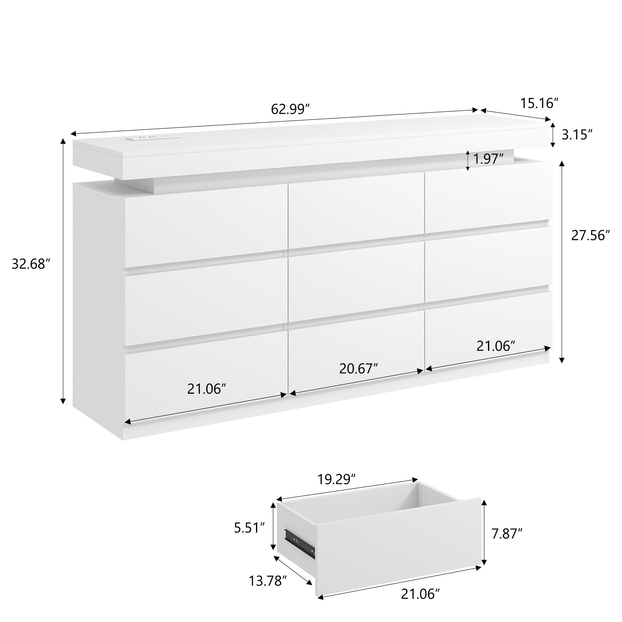 Sure, here is the corrected and grouped text from the image:

- **Overall Dimensions:**
  - Length: 62.99"
  - Height: 32.68"
  - Depth: 27.56"

- **Top Surface:**
  - Width: 62.99"
  - Depth: 15.16"
  - Height: 3.15"
  - Overhang: 1.97"

- **Cabinets:**
  - Width: 21.06"
  - Depth: 21.06"
  - Height: 27.56"

- **Drawer:**
  - Width: 20.67"
  - Depth: 21.06"
  - Height: 19.29"

- **Lower Cabinet:**
  - Width: 21.06"
  - Depth: 19.29"
  - Height: 7.87"
  - Drawer Height: 5.51"
  - Drawer Width: 13.78"