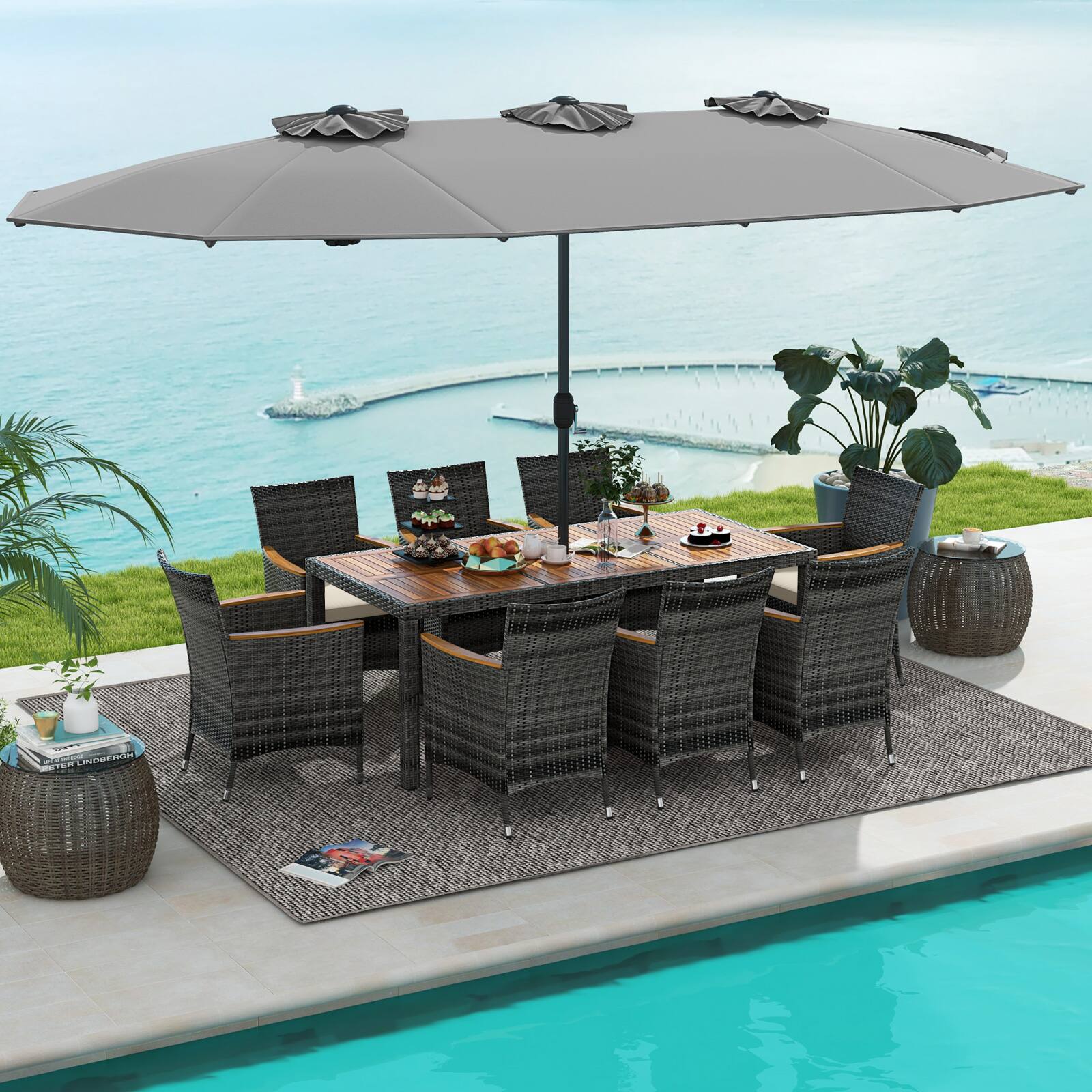 Alt View 1. Costway - 10 Pieces Patio Wicker Dining Set with Double-Sided Patio Umbrella 8 Armchairs - Grey,Mix Brown.