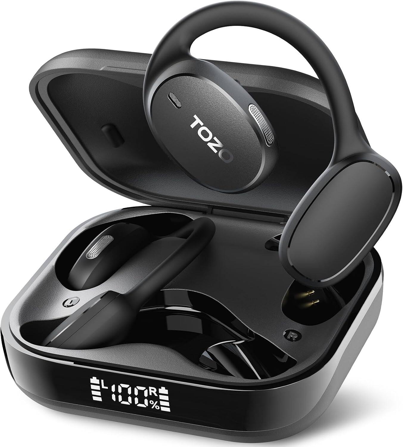 Front. TOZO - AI Translation Open-Ear EarBuds, Soft Earhook, 80H, Deep Bass+, Noise Cancelling‌ Clear Calls, Comfort Wear for Sports - Black.