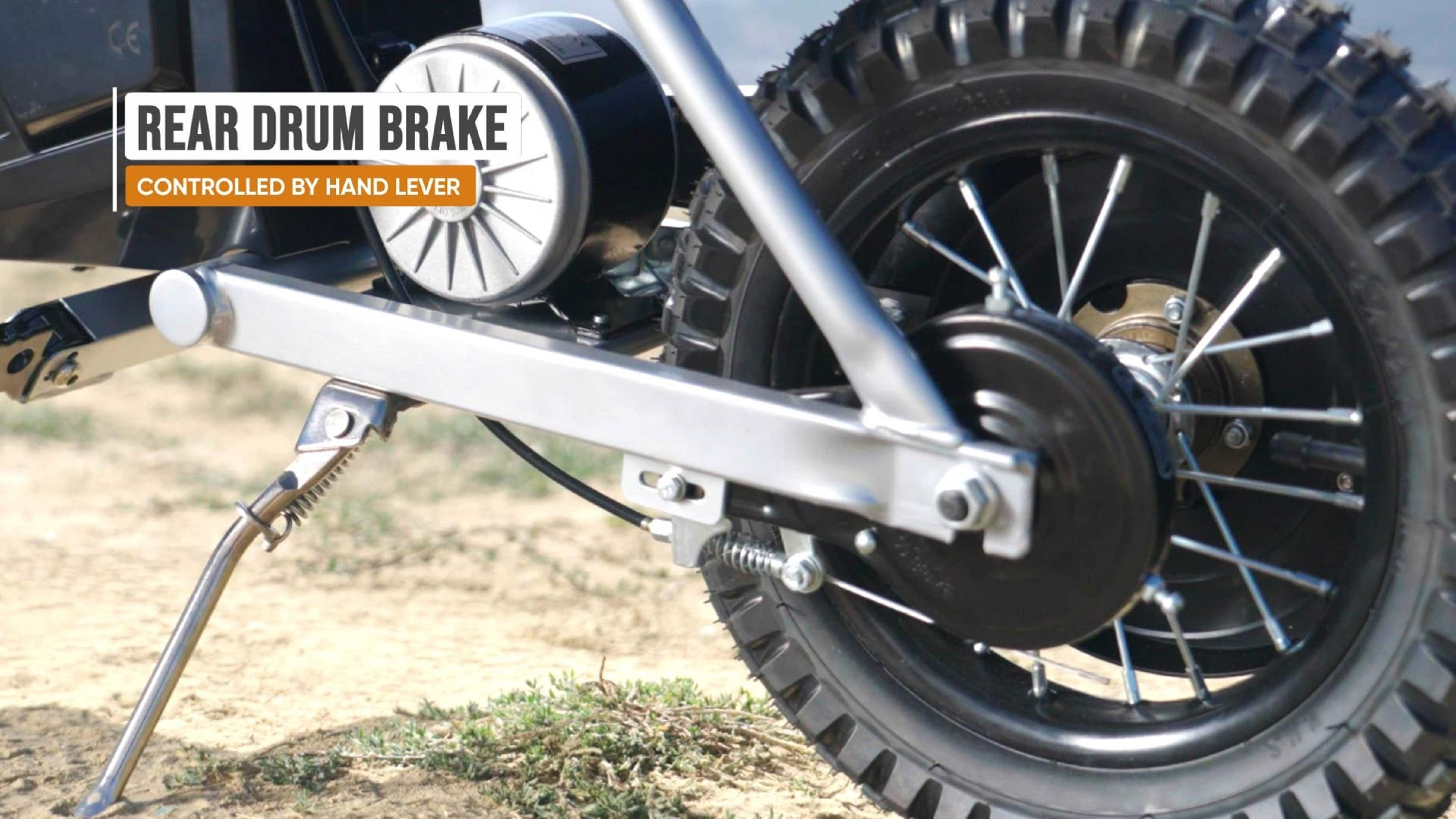 The text on the image reads "Rear Drum Brake Controlled by Hand Lever."