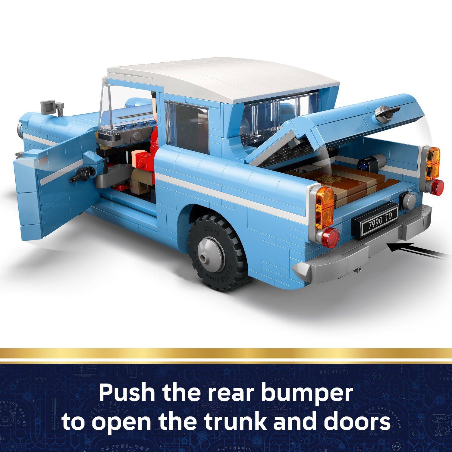 Push the rear bumper to open the trunk and doors
